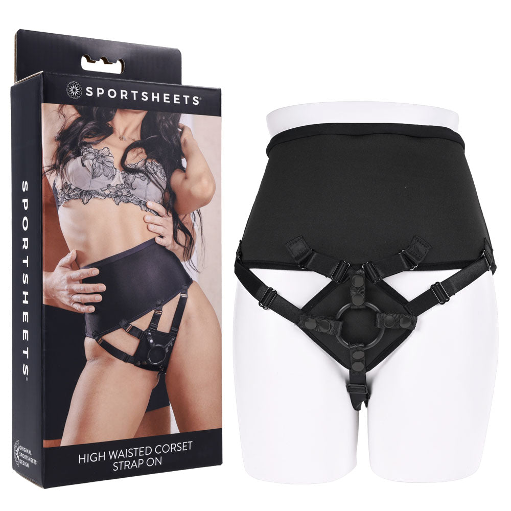 SPORTSHEETS High Waisted Corset Strap On - Black Adjustable Strap-On Harness (No Probe Included) Sportsheets